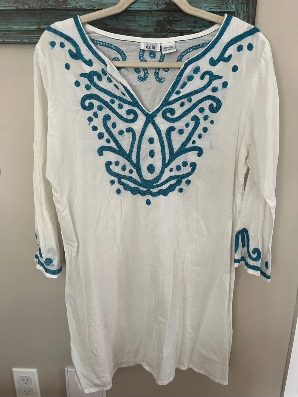 Dalin White & Teal Embroidered Swim Coverup